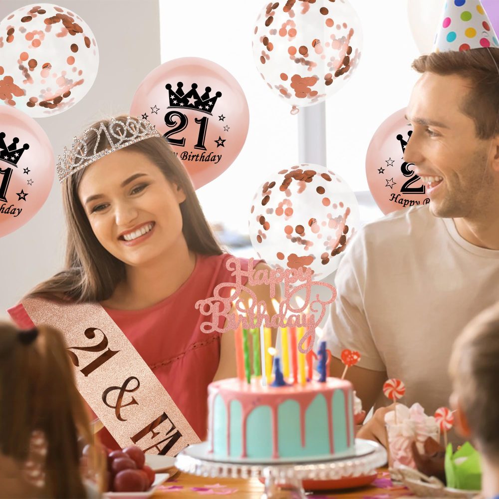 Auliuse 21th Birthday Sash and Tiara Set for Girls, Rose Gold Birthday Sash Crown with Balloons Happy Birthday Cake Topper Party Decorations Supplies, Happy Birthday Gifts for Women (21 Years Old) - Image 3