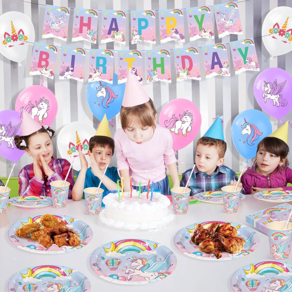 yosiio Unicorn Party Tableware Set, 16 Guests Unicorn Birthday Decoration Set, Party Supplies Paper Plates Cups Napkins Table Cloth Balloons for Kids' Birthday Baby Shower - Image 6