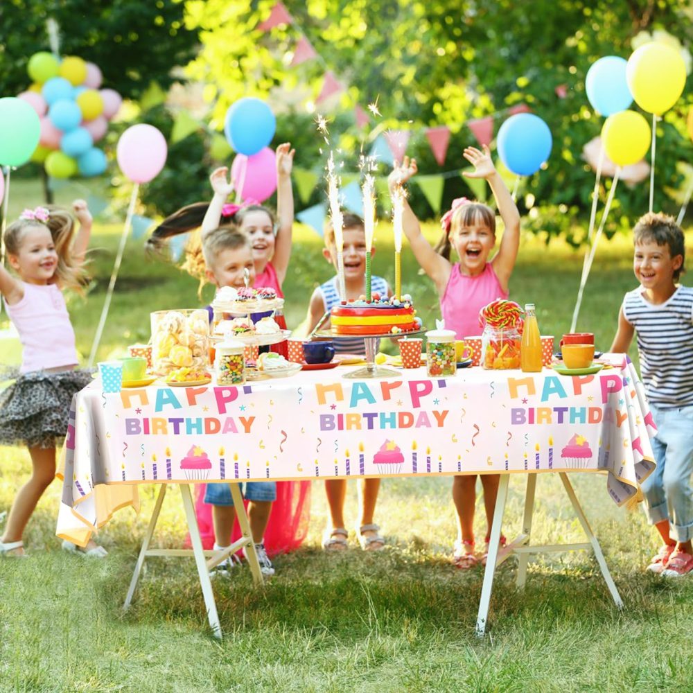 2Pack Birthday Party Table Cloth,54x72in Happy Birthday Party Tablecloth for Boys Girls White Plastic Confetti Disposable Rectangular Party Table Cover for Kids Baby Birthday Themed Party Decorations - Image 2