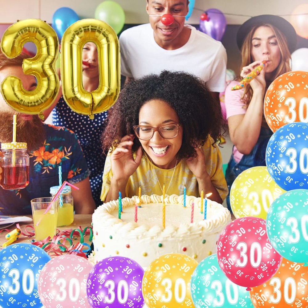30th Birthday Balloons,Gold Number 30 Balloon and 20pcs 12" Multicoloured Numbers Printed Latex Age Balloons,Birthday Balloons for Women Men Birthday Decorations,30th Anniversary Party Supplies - Image 2