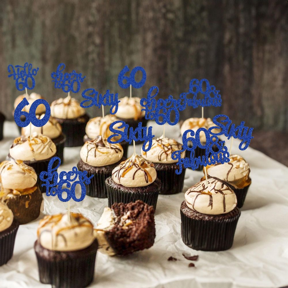30Pcs Happy 60th Birthday Cupcake Toppers Deep Blue Glitter Sixty Cake Toppers Cheers to 60 Years Old Birthday Cupcake Picks for 60th Birthday Anniversary Party Cake Decorations Supplies - Image 5