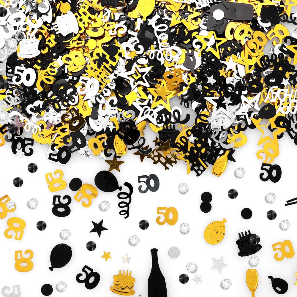 3000 Pieces Happy Birthday Confetti Number 50 Confetti Birthday Cake Confetti Table Scatter Confetti, Black Gold Silver Party Decorations Supplies for Birthday Anniversary (50th Style)