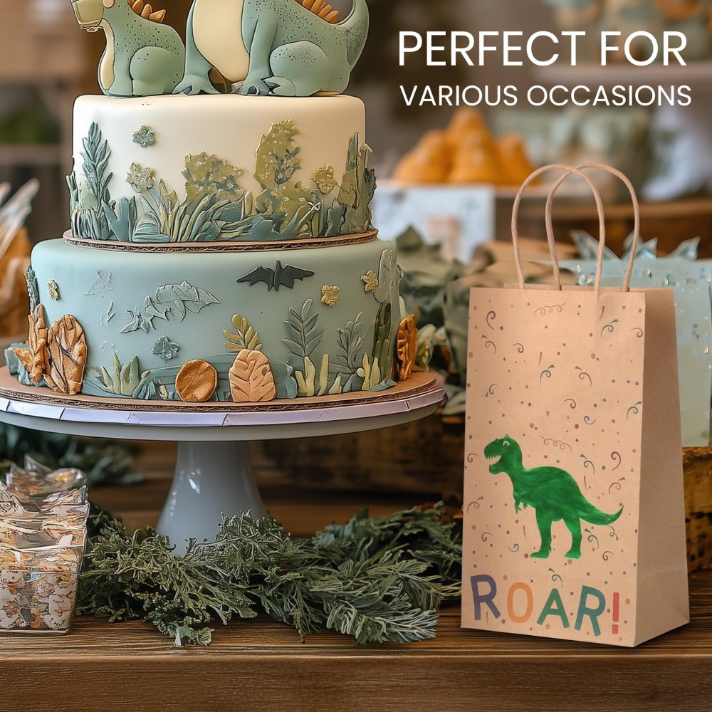 Belle Vous 24 Pack Paper Dinosaur Birthday Party Bags with Handle - Kids Dino Themed Pattern Party Favour, Goodie, Gift, Candy & Treat Loot Bag - Boys & Girls Baby Shower & Children Party Supplies - Image 7