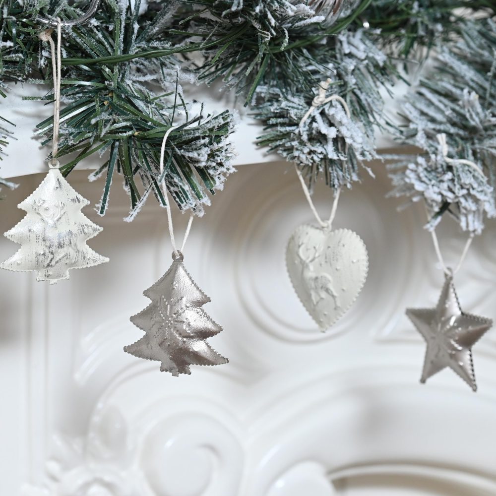 Valery Madelyn 24pcs Frozen Winter Silver and Cream Christmas Tree Decorations, Metal Christmas Jingle Bells, Xmas Hanging Pendants Ornaments with Heart-shaped, Star and Tree Patterns - Image 7