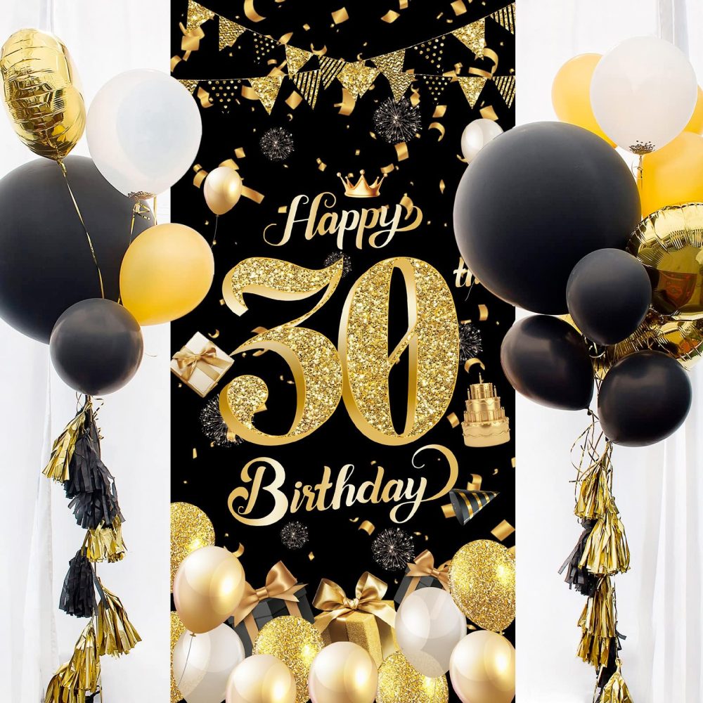30th Birthday Door Banner,Black Gold 30th Birthday Decorations,Happy 30th Birthday Party Backdrop Banner,30th Birthday Door Hanging Banner for Women Men Birthday Party Photo Booth Supplies(90*185cm) - Image 6