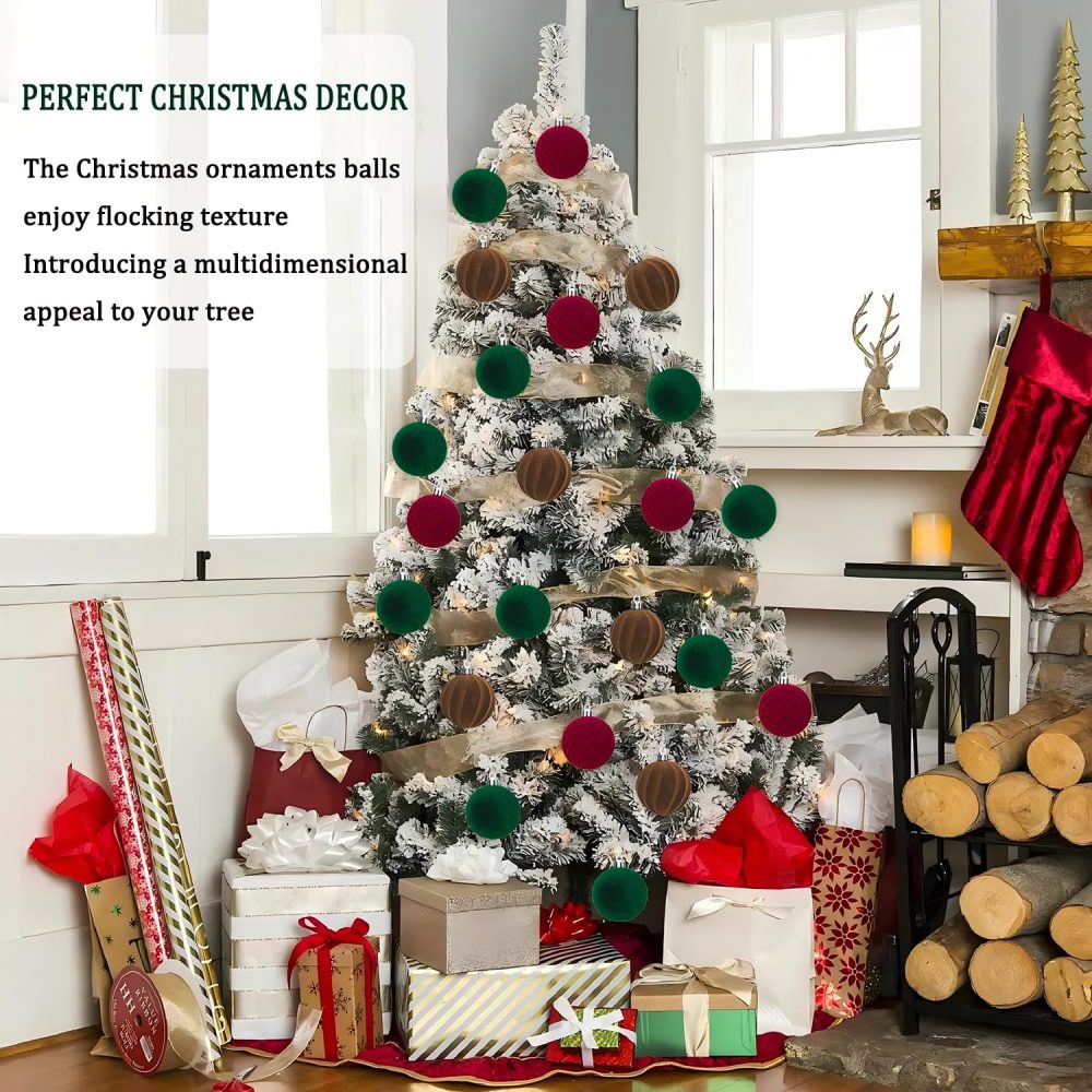 Miaikoe 16 Pcs Velvet Christmas Balls Hanging Ornaments Set, Pre-tied Shatterproof Plastic Flocked Christmas Balls Xmas Decorations Festival Holiday Party Decor (Brown,Red,Green,6CM) - Image 7
