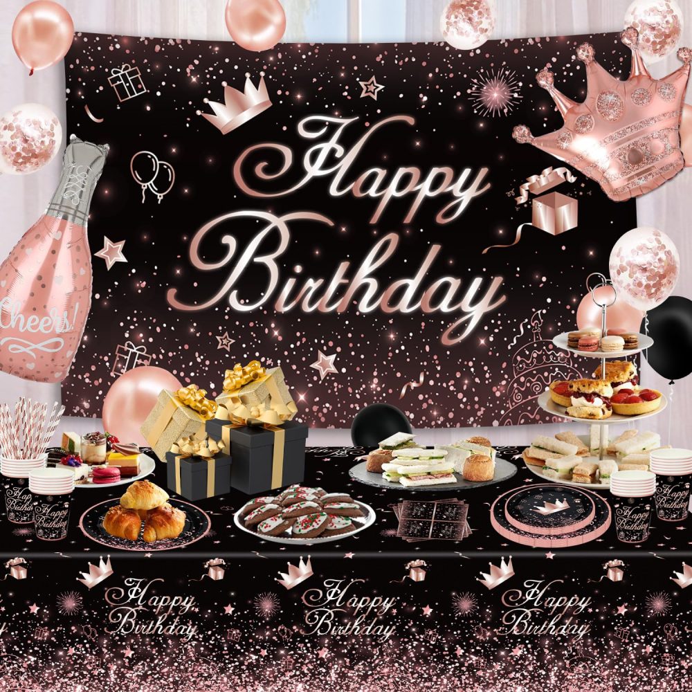 153 PCS Black and Rose Gold Party Decoration Black Rose Gold Dinnerware Set Rose Gold & Black Party Supplies Rose Gold and Black Birthday Party Set-Plates, Backdrop, Balloons, Tablecloth Serves 20 - Image 6