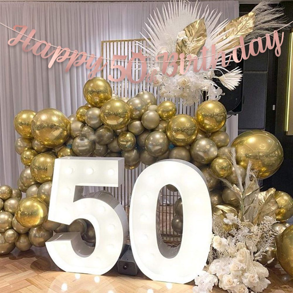 Happy 50th Birthday Banner Crown Garlands Backdrop Bunting Fifty Years Old Anniversary Photo Booth Background DIY Party Decoration Supplies for Boys or Girls Living Room(Rose Gold) - Image 2