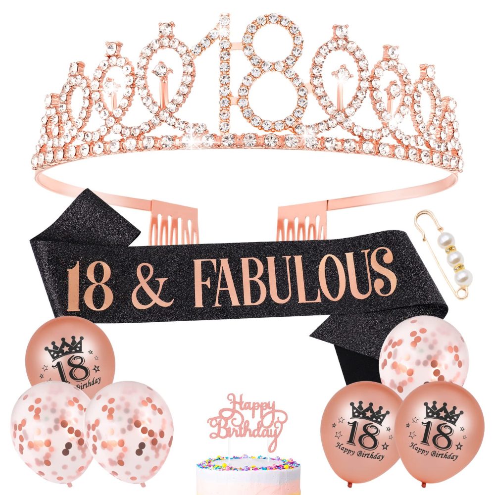 Popuppe 18th Birthday Sash and Tiara Rose Gold 18 & Fabulous Sash Rhinestone Crown Balloons Birthday Cake Topper for Girls Birthday Gift Party Decorations Supplies (Rose Black)
