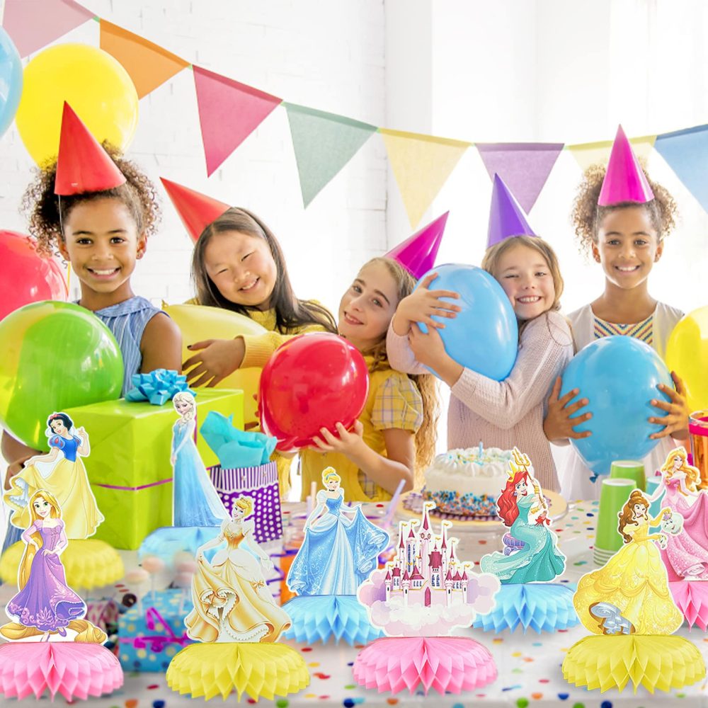 BLLREMIPSUR 9 Pieces Cute Princess Honeycomb Centerpiece, Princess Themed Birthday Party Decorations Kids Birthday Party Cake Dessert Party Supplies Photo Booth Props Party Table Decoration - Image 5