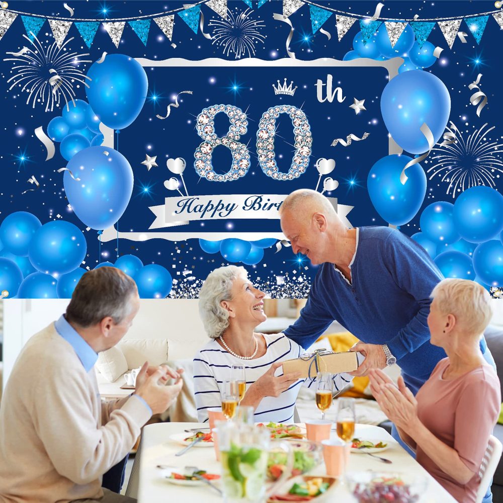Blue 80th Birthday Decorations Banner for Men Women, Navy Blue Silver Happy 80th Birthday Banner Backdrop, Large Blue 80th Birthday Banner for 80th Birthday Anniversary Party Decorations Supplies - Image 4