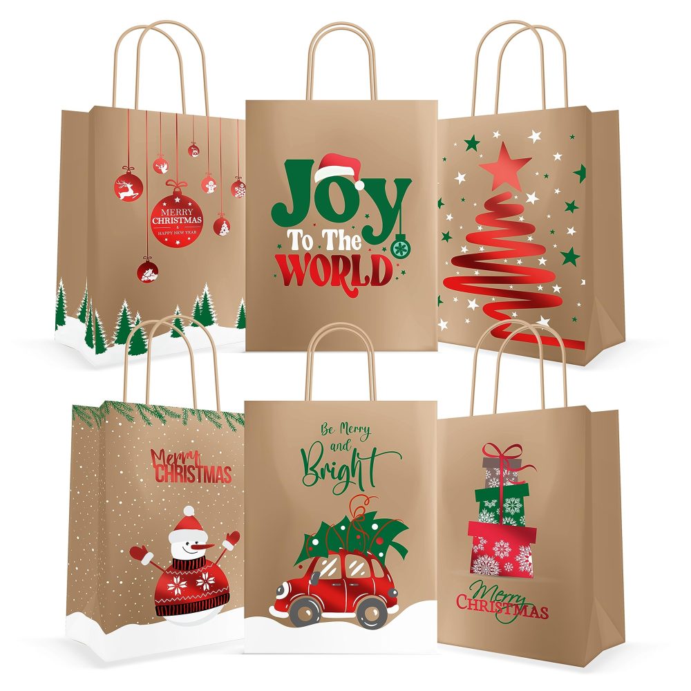 easykart labels 24 Christmas Kraft Gift Bags with Red Foiling for Holiday Paper Gift Bags, Christmas Goody Bags, Xmas Gift Bags, Classrooms and Party Favors (9 x 7.3 x 3.3)