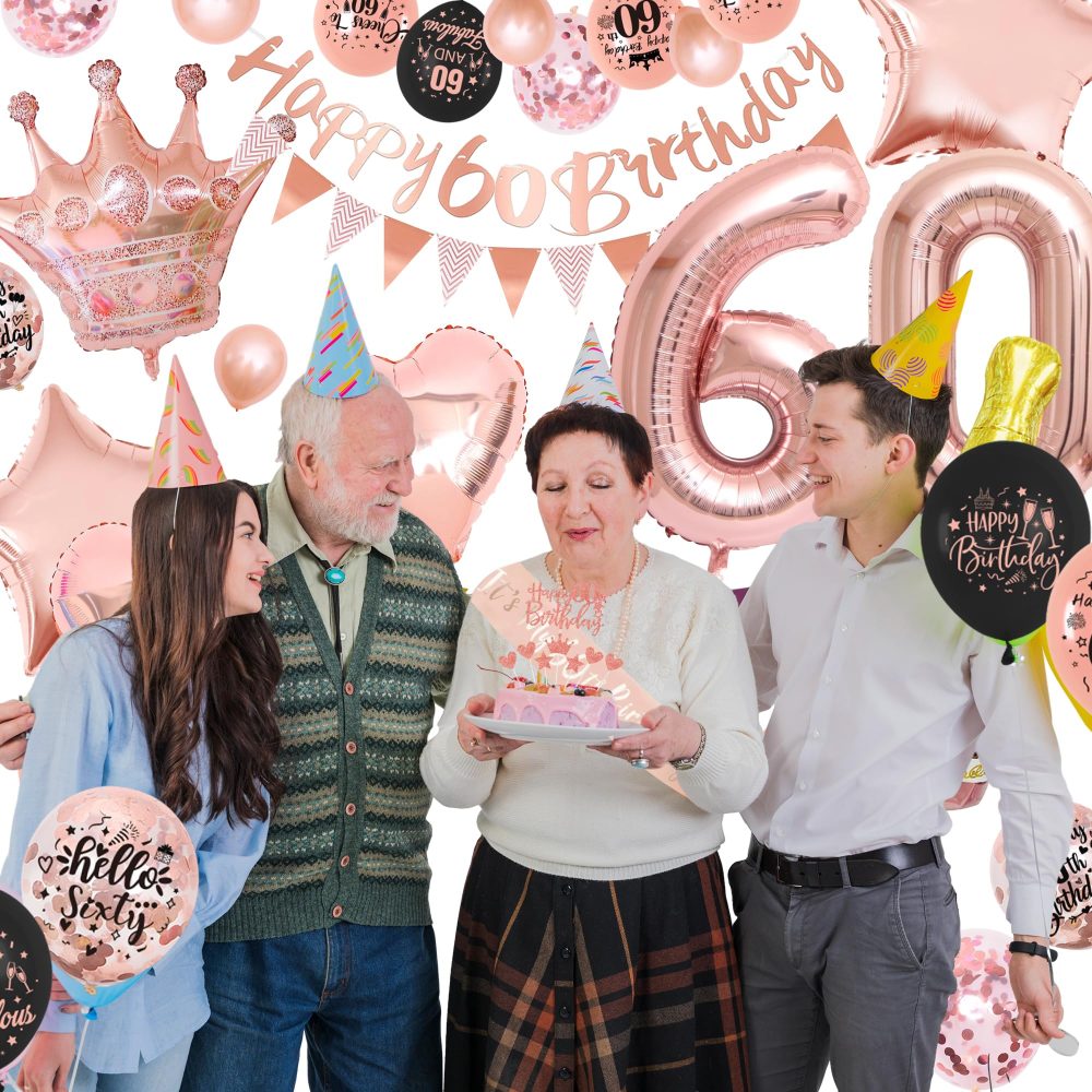 60th Birthday Decorations for Women - Rose Gold Balloons - 60th Rose Gold Birthday Decorations, Banner, Cake Topper, Cupcake Topper - Birthday Party Supplies Kit - Image 4
