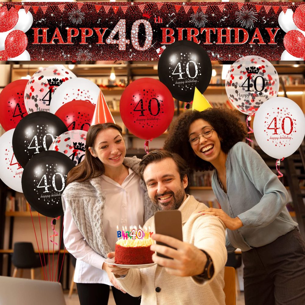 RUMIA Red 40th Birthday Decorations Men Women, Red Black Glitter 40th Birthday Banner Yard Sign & 16Pcs Red Black 40th Birthday Latex Balloons 40th Birthday Anniversary Party Supplies (A7R2X) - Image 5