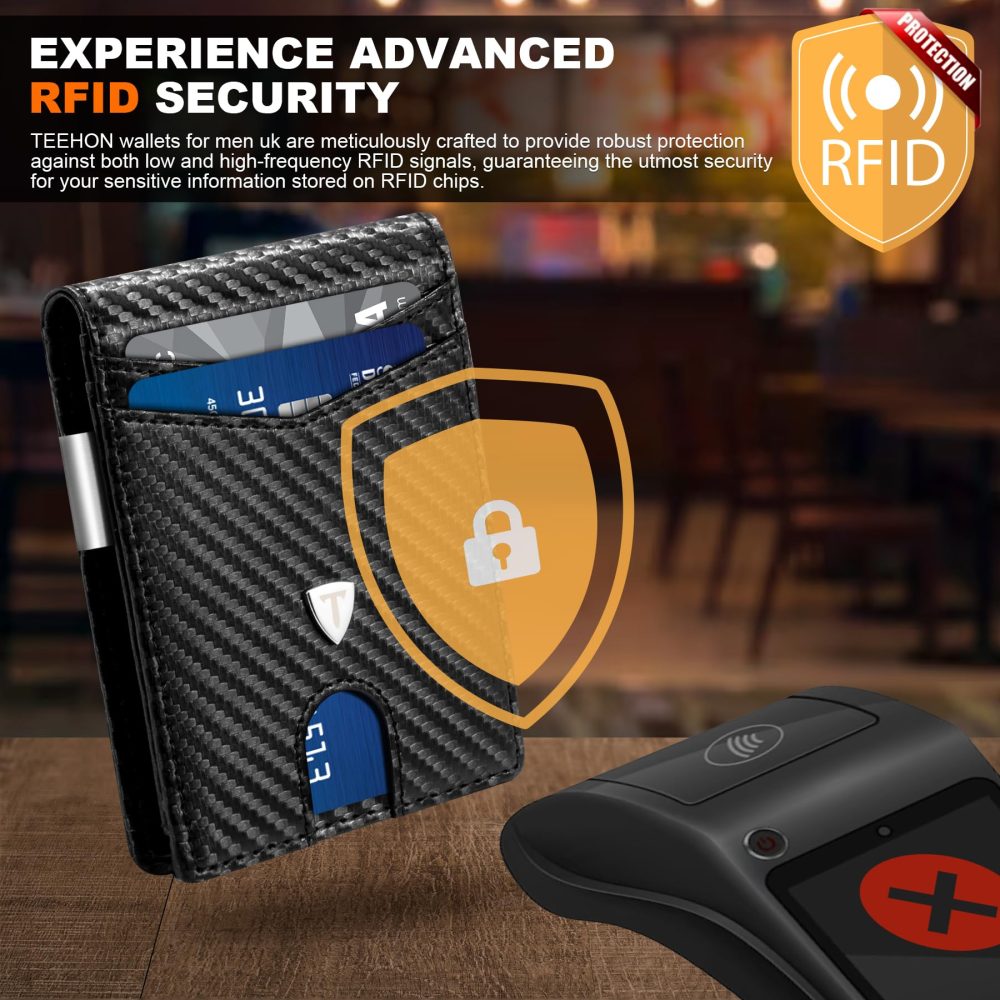 TEEHON Mens Wallets Slim RFID Blocking Carbon Fiber Leather Wallets Mens with up to 12 Credit Card Holder, Strong Money Clip & ID Window Minimalist Bi-Fold Wallets for Men UK with Gift Box - Black - Image 6