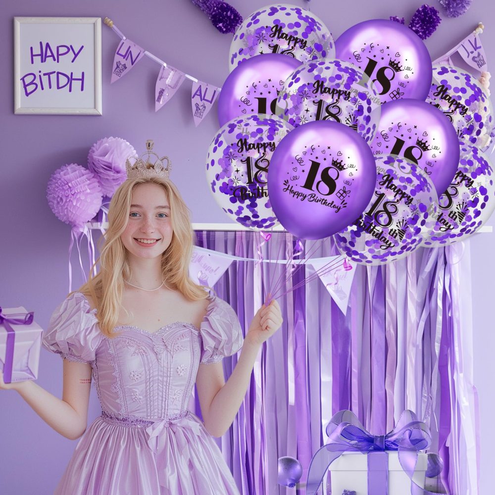 18th Birthday Balloons 18Pcs Purple Happy 18th Birthday Balloons Confetti Balloons Purple 18th Birthday Party Decorations Balloons for Girls Boys 18th Anniversary Birthday Decor Supplies 12 inches - Image 7
