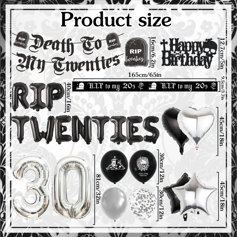 Rip 20s Birthday Decorations - Black and Silver Death to My Twenties Banner Sash Cake Topper Letter Heart Star Number Balloons for Men Women Halloween Goth Themed 30th Birthday Party Supplies - Image 6