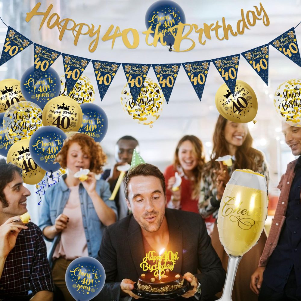 40th Birthday Decoration for Men - Blue Gold Happy 40th Birthday Banners Cake Topper Pennant Latex Balloons Wine Bottle Balloon Sash for 40th Birthday Party Supplies - Image 2