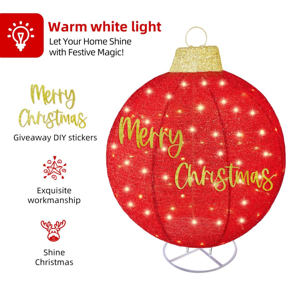 2pc Large Outdoor Christmas Ornament Set - HOYECHI Oversized Christmas Decorations Outside Pop-Up Balls, Light Up Large Balls Holiday Decor with 200 LED Lights,8 Light Functions - Red/Gold - Image 6