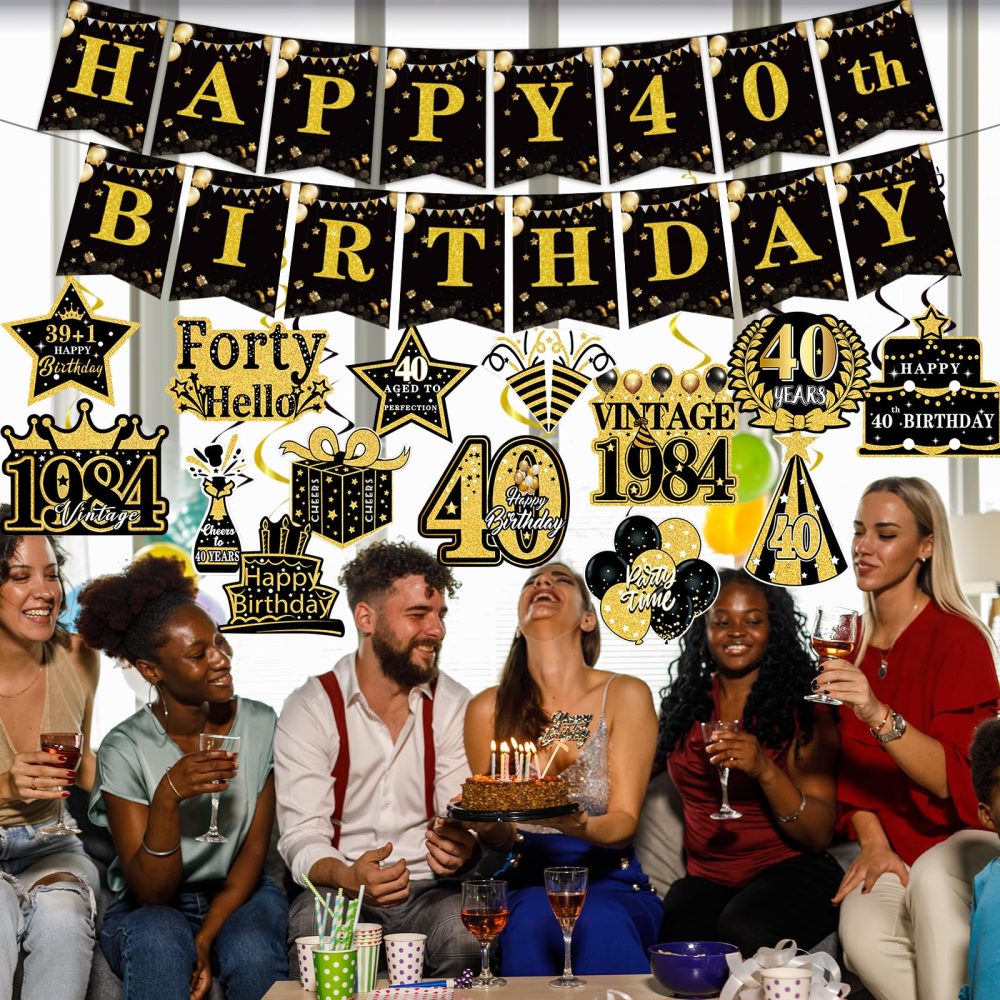 Luvart 40th Birthday Decoration - 40th Birthday Party Decorations 40th Birthday Hanging Swirls Decorations Happy 40th Birthday Banner Black Gold 1984 40th Birthday Supplies for Men Women - Image 5