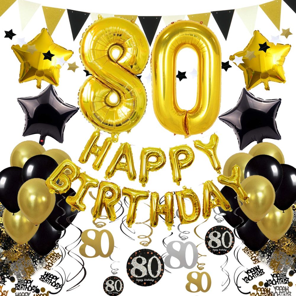 ZERODECO 80th Birthday Decorations, Black Gold Happy Birthday Balloons Number 80 Star Foil Balloons Birthday Confetti Triangular Garland Star-shaped Banner Hanging Swirls for Birthday Party Supplies