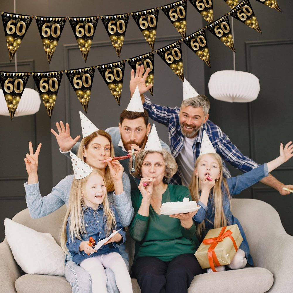 40Pcs Happy 60th Birthday Banner Bunting Flags Gold and Black Glitter 60th Birthday Anniversary Party Decoration Supplies,60th Birthday Triangle Flag Banners for Men Women - Image 5