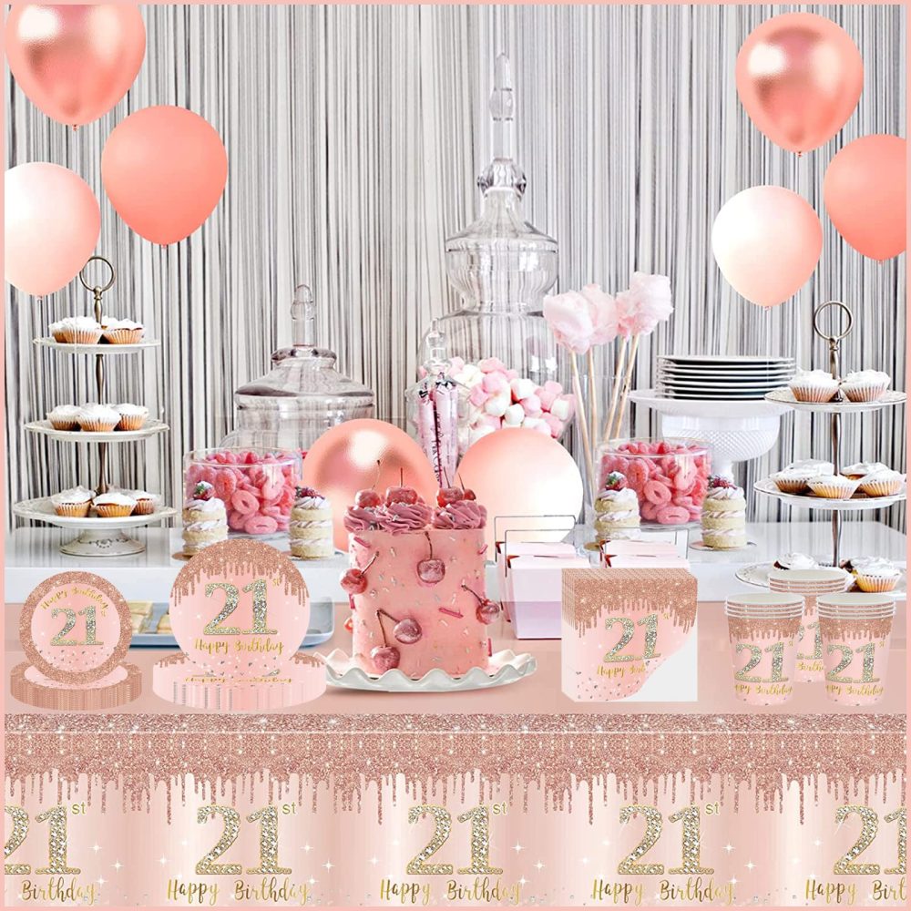 137*274cm Rose Gold 21st Birthday Table Cloth 21st Party Table Decorations,21st Birthday Tablecover Rose Gold Plastic Disposable Waterproof Table cover for Girl,Women,Her Birthday Party Decorations - Image 3