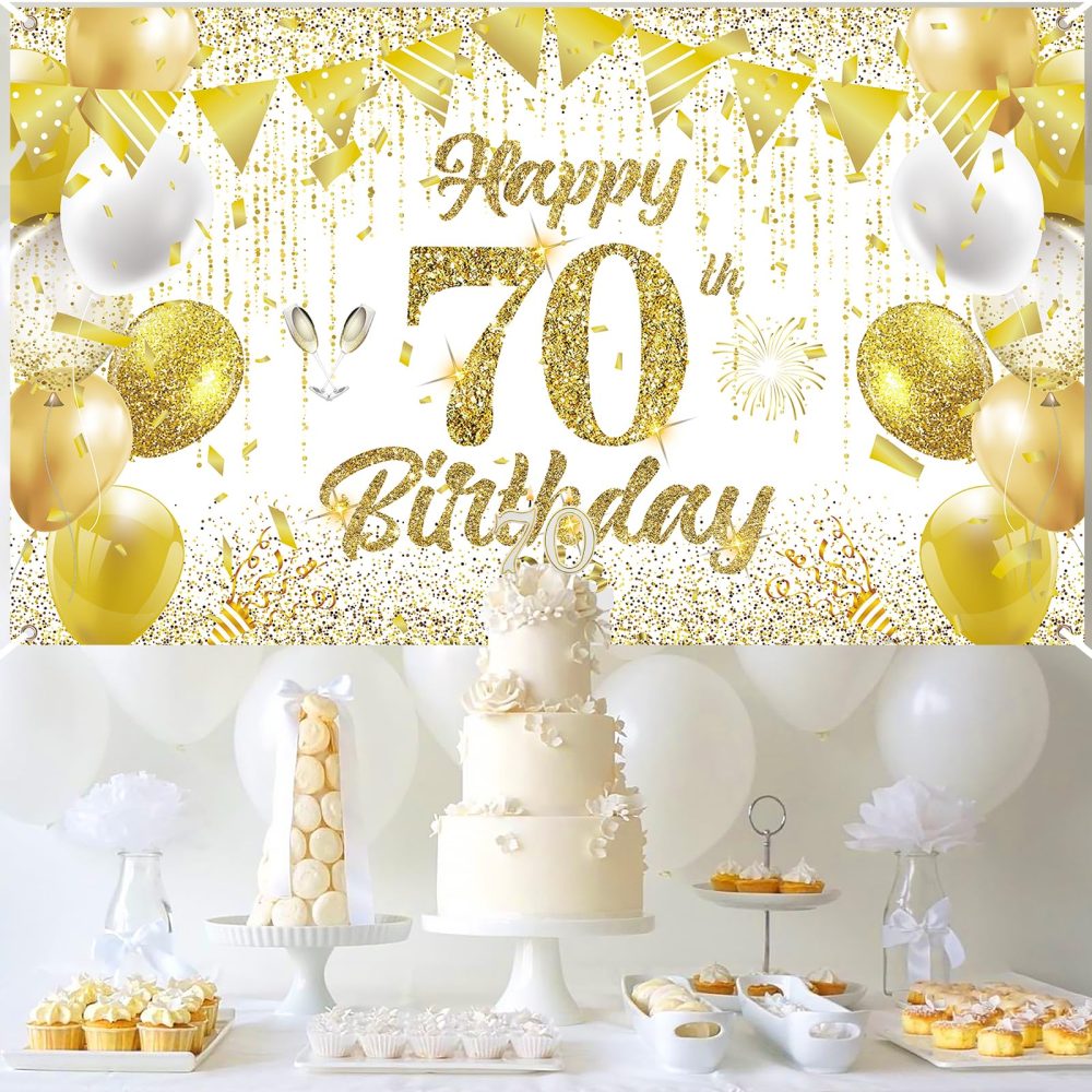 70th Birthday Decorations Banner for Women Men White Gold Happy 70th Birthday Banner Backdrop for White Gold 70th Birthday Party, 70th Anniversary Decorations 72x43 inch - Image 7
