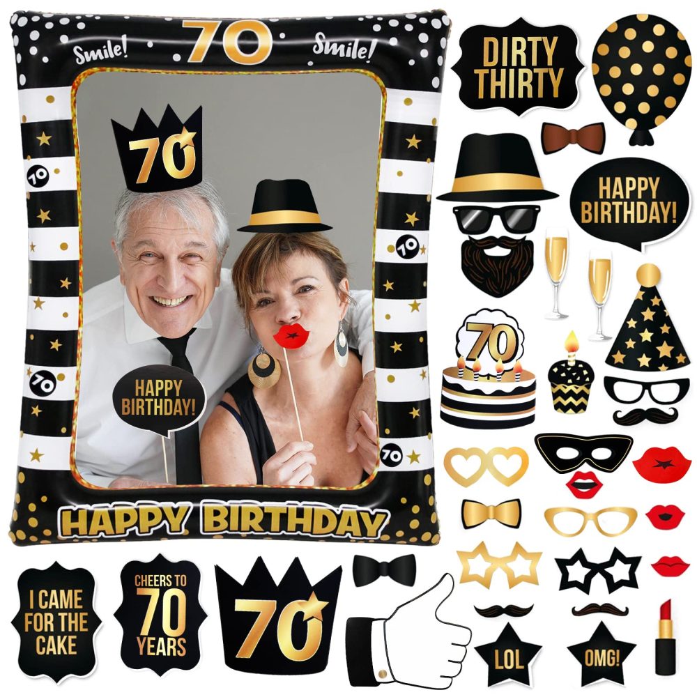 Newthinking 70th Birthday Photo Booth Props, Black Gold Inflatable Selfie Frame Funny DIY Birthday Party Props for 70th Birthday Party Supplies Decoration