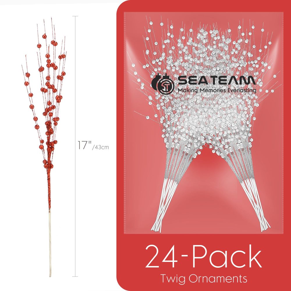 Sea Team 24-Pack Artificial Glitter Berry Stem Ornaments, Decorative Bead Sticks, Glittery Twigs, Picks, Branches for Christmas Tree, Small Vase, Holiday, Wedding, Party (17 Inches, Red) - Image 2