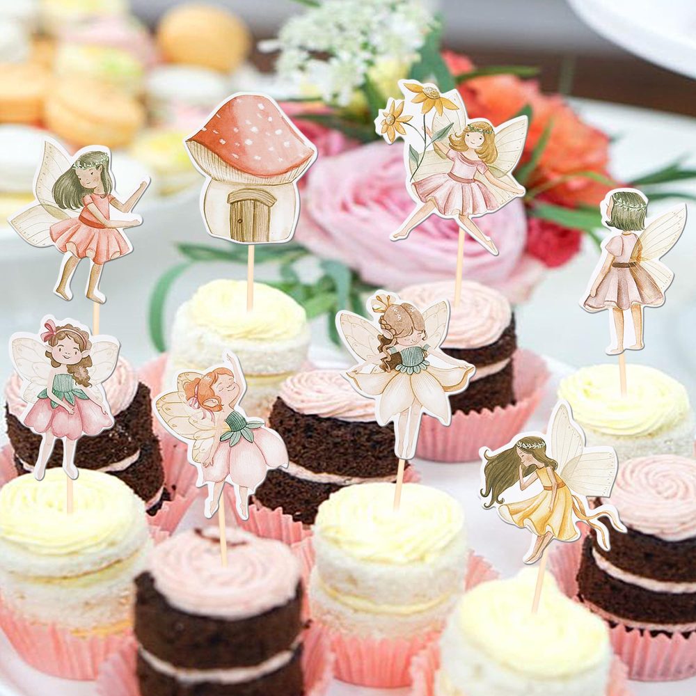 Xsstarmi 40 Pack Fairy Cupcake Toppers Double Sided Mushroom House Flower Fairy Garden Party Cupcake Picks for Fairy Theme Baby Shower Wedding Birthday Party Cake Decorations Supplies - Image 4