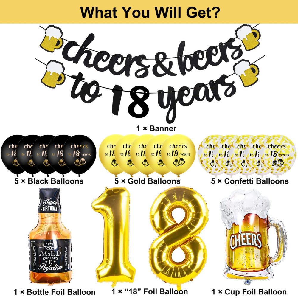18th Birthday Decorations for Boys, 18th Happy Birthday Decoration Kit with Cheer Banner, Number 18 Foil Balloons, Sign 18th Black Gold Balloons Confetti Balloons for Party Supplies Girls Men - Image 5