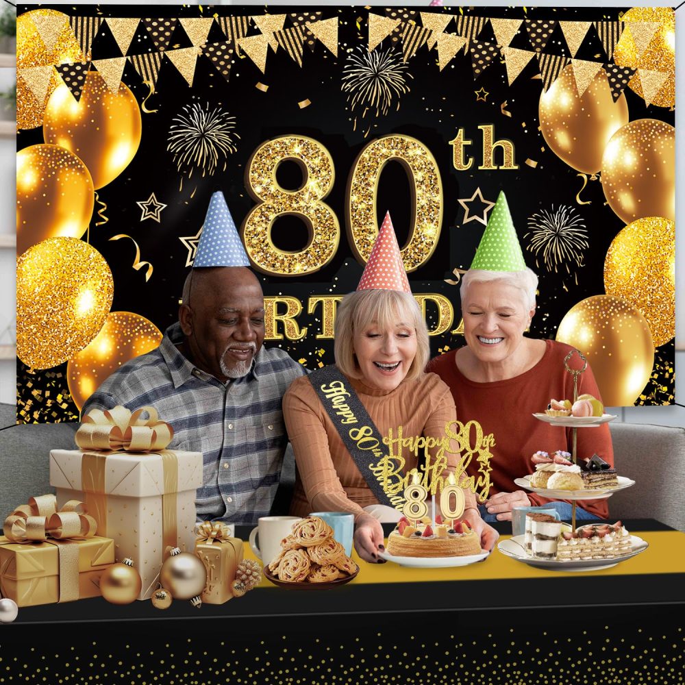 80th Birthday Decorations Men Women, 80th Birthday Banner, Black and Gold Table Cloth, 80 Number Balloons, 80th Birthday Sash, Birthday Cake Topper and 80 Candles, 80th Birthday Gifts Men Women - Image 5