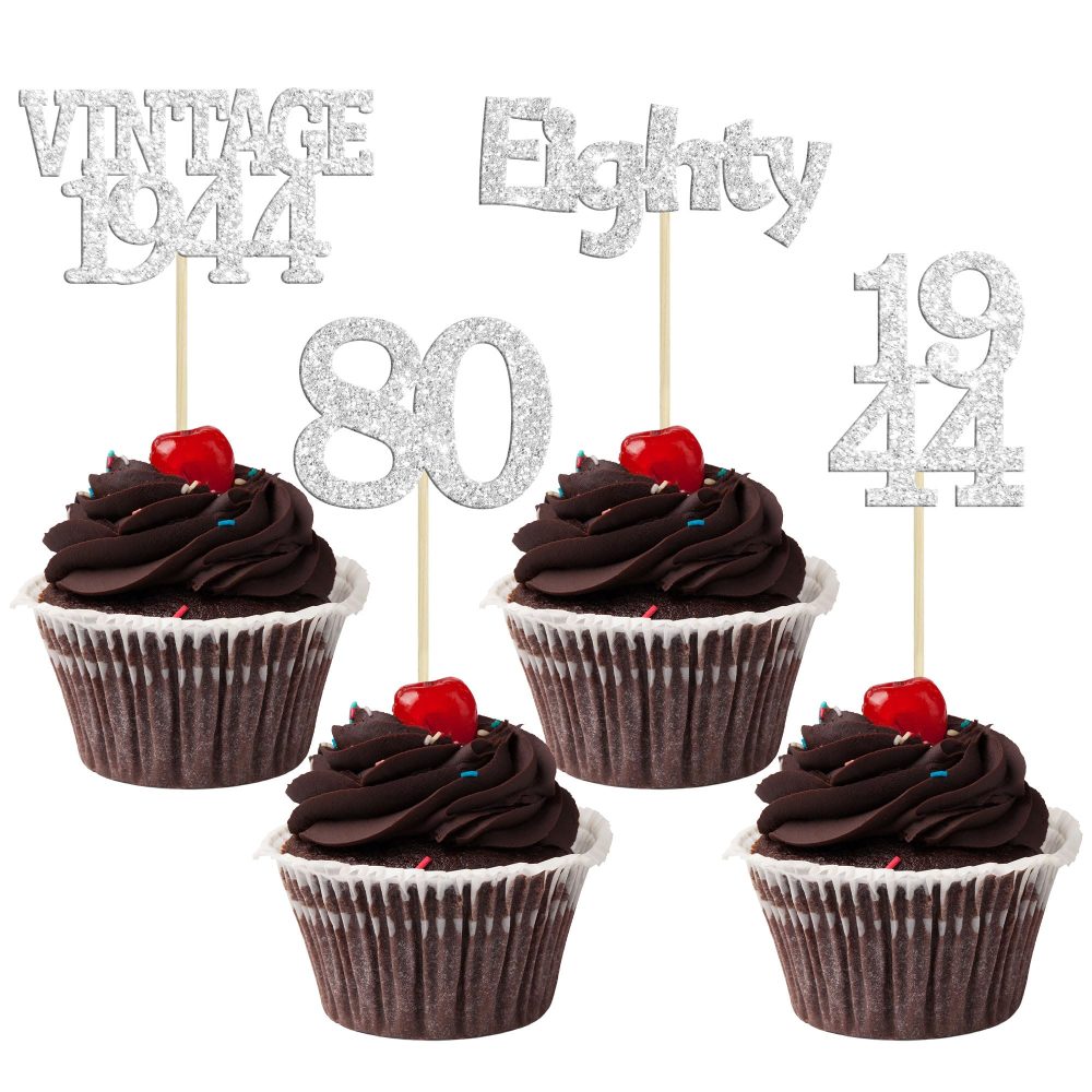 Gyufise 24Pcs Vintage 1944 Cupcake Toppers Glitter Cheers to 80 Fabulous Eighty Cupcake Picks 80th Birthday Wedding Anniversary Party Cake Decorations Supplies Silver