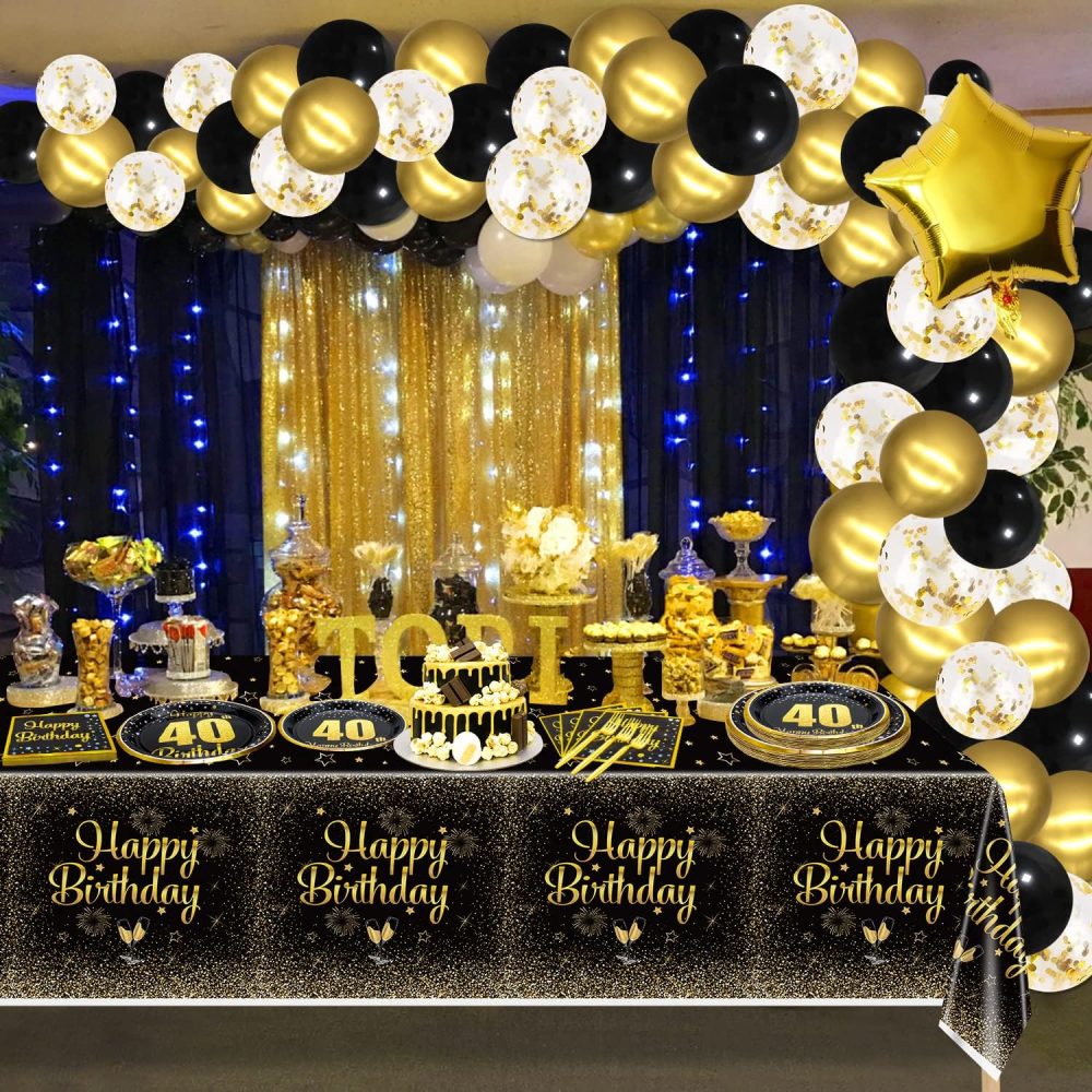 40th Birthday Decorations for Women and Men - 61Pcs Plates Napkins 40th Tablecloth Black and Gold Party Decorations Serve 20 - Image 6