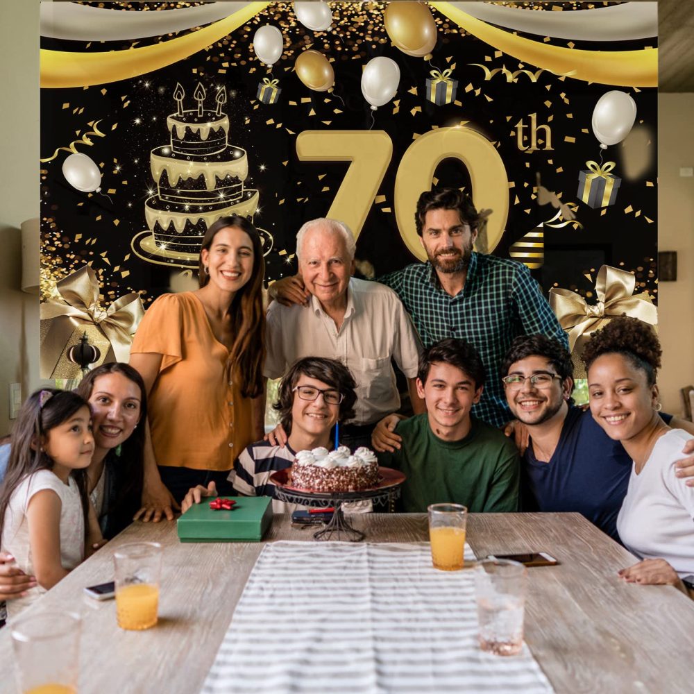 110x180cm Large Size Happy Birthday Banner 70th Black Gold Birthday Decoration Suitable for Men Women Any Birthday Celebration Background Decorations Tablecloth - Image 3