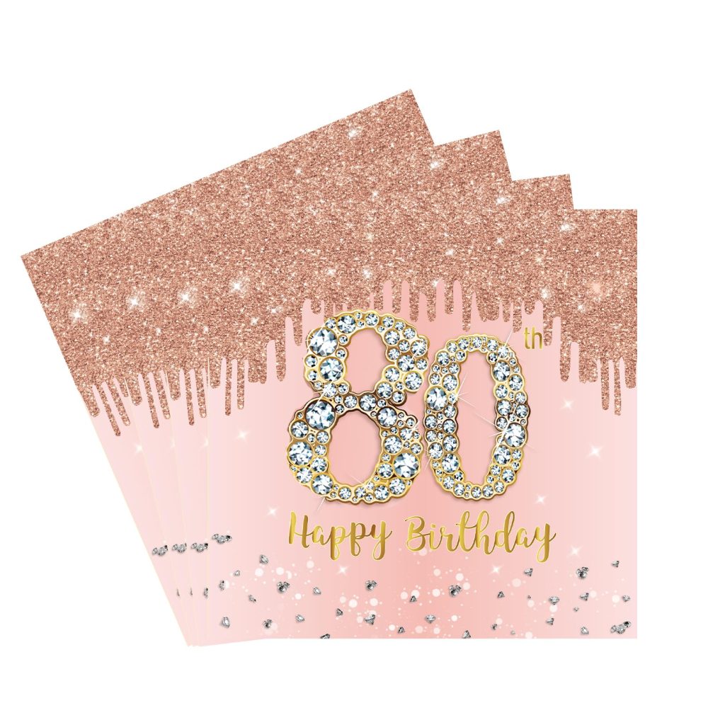 80th Birthday Party Tissue 20pcs Rose Gold 80th Napkins Serviettes,Happy 80th Birthday Paper Serviettes Napkins for Ladies Women 80th Birthday Table Decorations, 80th Table Napkins for Her