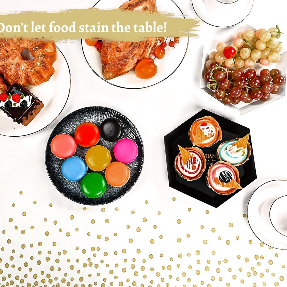 MOKANI Disposable Plastic Tablecloths, 4 Pack Party Rectangle Table Cloths, Gold Dot Confetti Rectangular Table Covers for Picnic Weddings Birthday Parties 54" x 108" - Image 4