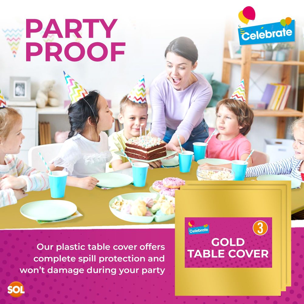 3pk Gold Table Cover | 121 x 121 cm Gold Party Table Cloth | Gold Plastic Table Cloth Gold Disposable Tablecloths For Parties Gold Table Cloths | Table Cover Gold Plastic Tablecloth | Gold Table Cloth - Image 4