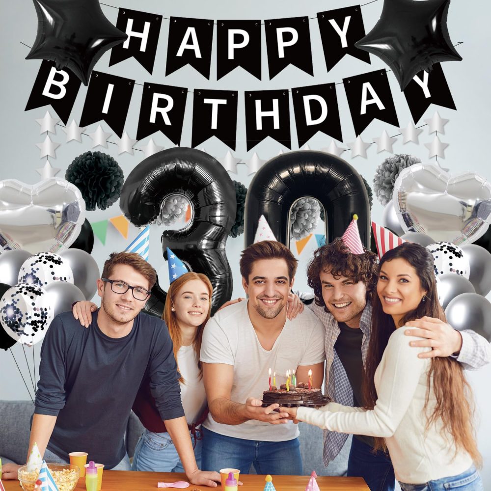 Afritee 30th Birthday Balloon Decorations - Black and Silver Happy Birthday Balloons for Men Women Happy 30th Birthday Banner Large 40" 30 Foil Balloons Cool 30th Birthday Balloons Set Supplies - Image 4