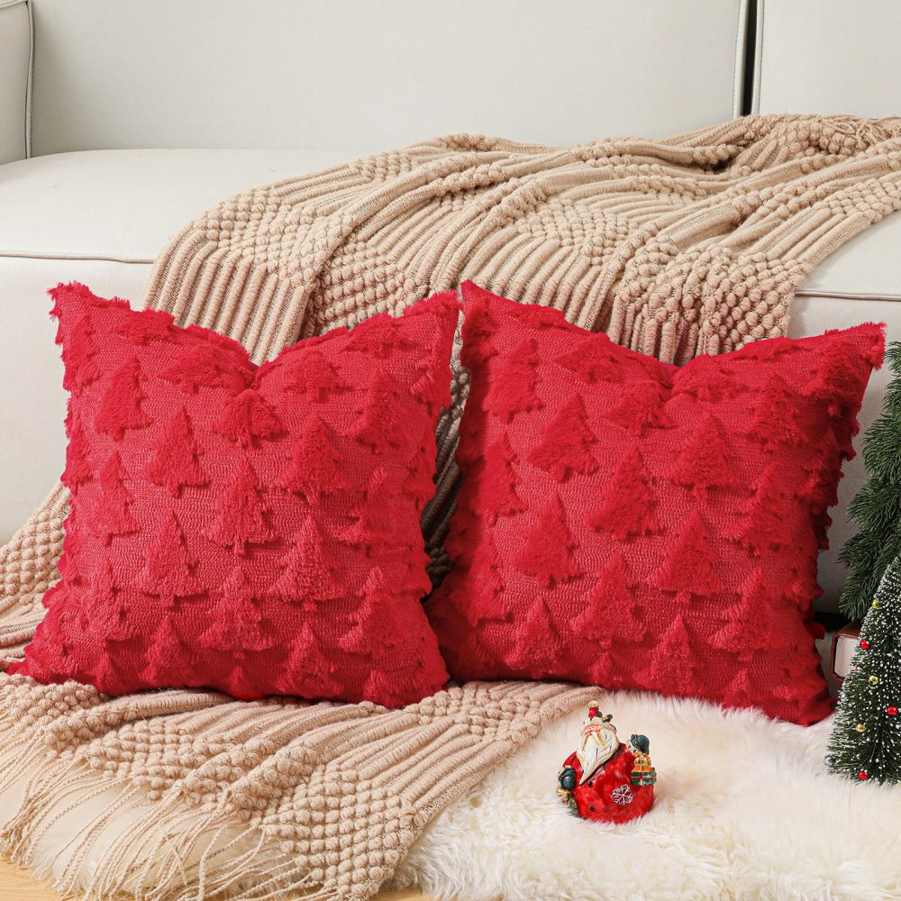 Lewondr Christmas Throw Pillow Cover 18x18, Set of 2 Super Soft Faux Fur Pillow Covers Velvet Christmas Tree Embroidery Decorative Throw Pillowcase for Living Room Bed Couch Sofa Car Home Decor, Red - Image 6