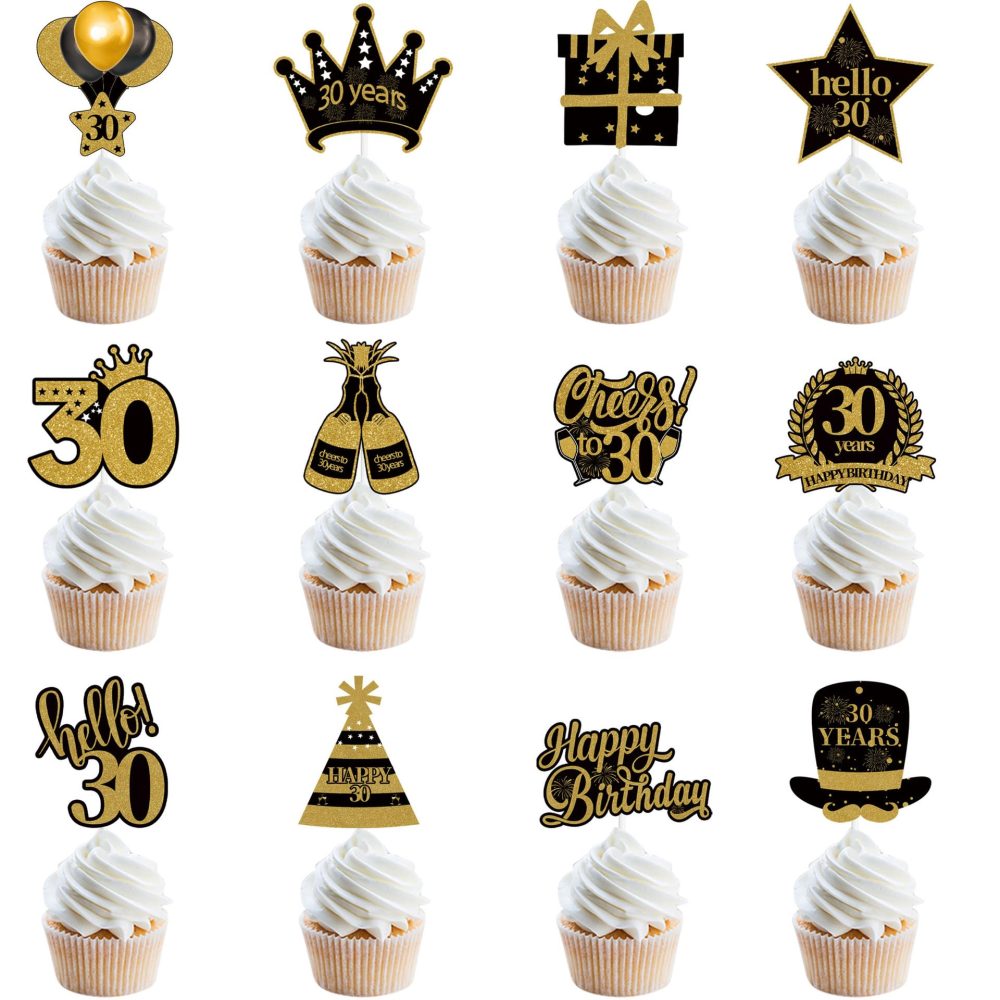 30th Birthday Cake Toppers for Women Men, Hello 30 Black Gold Cupcake Toppers Cheers to 30 Cake Decorations Food Picks Happy 30th Birthday Cake Toppers 30th Birthday Party Supplies (Pack of 12)
