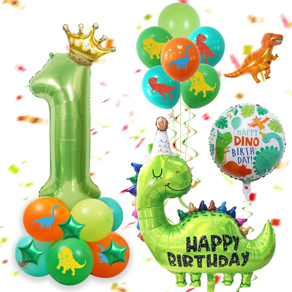Dinosaur 1st Birthday Decorations Balloons - 25 Pieces Dinosaur Themed Decorations, Number 1 Balloon, Mini Golden Crown and Tyrannosaurus Foil Balloons, For Kid's Birthday Dino-Themed Baby Shower
