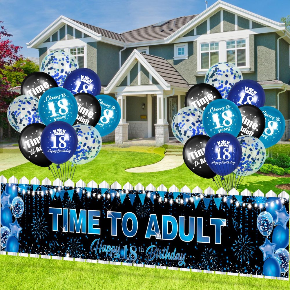 18th Birthday Party Decorations for Boys Girls Blue Black Time To Adult Happy 18th Birthday Banner and 20pcs Happy 18th Birthday Balloons Blue Black 18th Birthday Yard Sign Party Supplies - Image 7