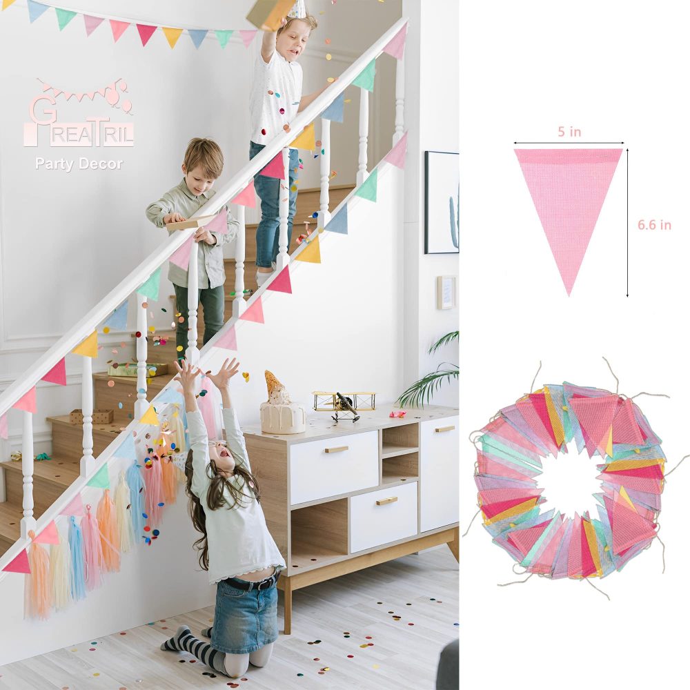 Bunting Fabric Pastel Rainbow - GREATRIL Bunting Outdoor Waterproof for Birthday Spring Easter Classroom School Garden Festival Carnival Graduation Indoor Garlands Party Decorations 48 Flags - Image 4