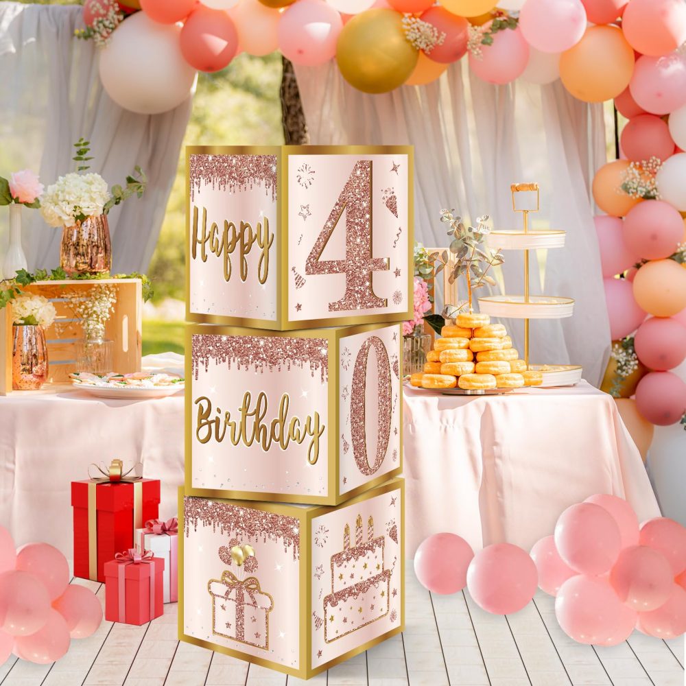Guiruiy 3Pcs 40th Birthday Decorations Boxes for Women, Pink Rose Gold 40th Birthday Balloons Boxes Party Supplies, Pink Forty Year Old Birthday Theme Cardboard Box Decor - Image 4