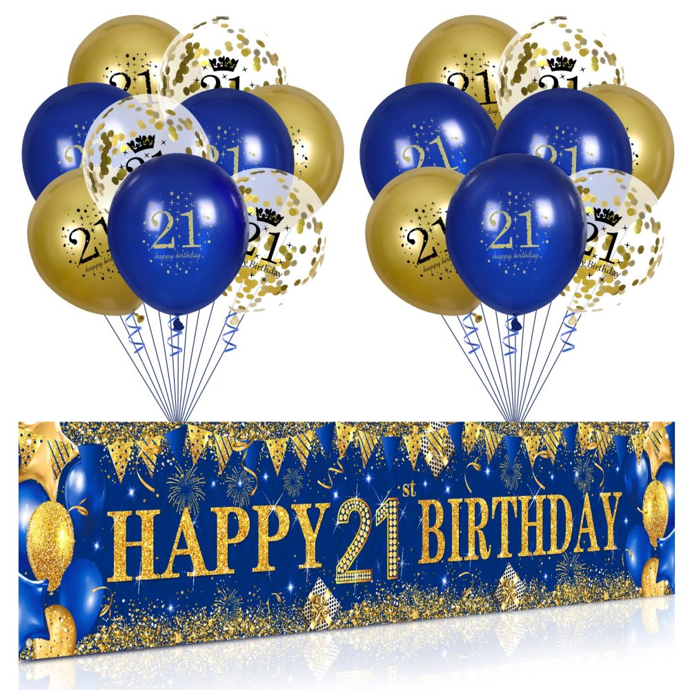Blue Gold 21st Birthday Decorations for Boys Girls, Navy Blue Gold Happy 21st Birthday Yard Banner and 18pcs Birthday Balloons for 21st Anniversary Birthday Party Supplies Indoor Outdoor Yard Decor