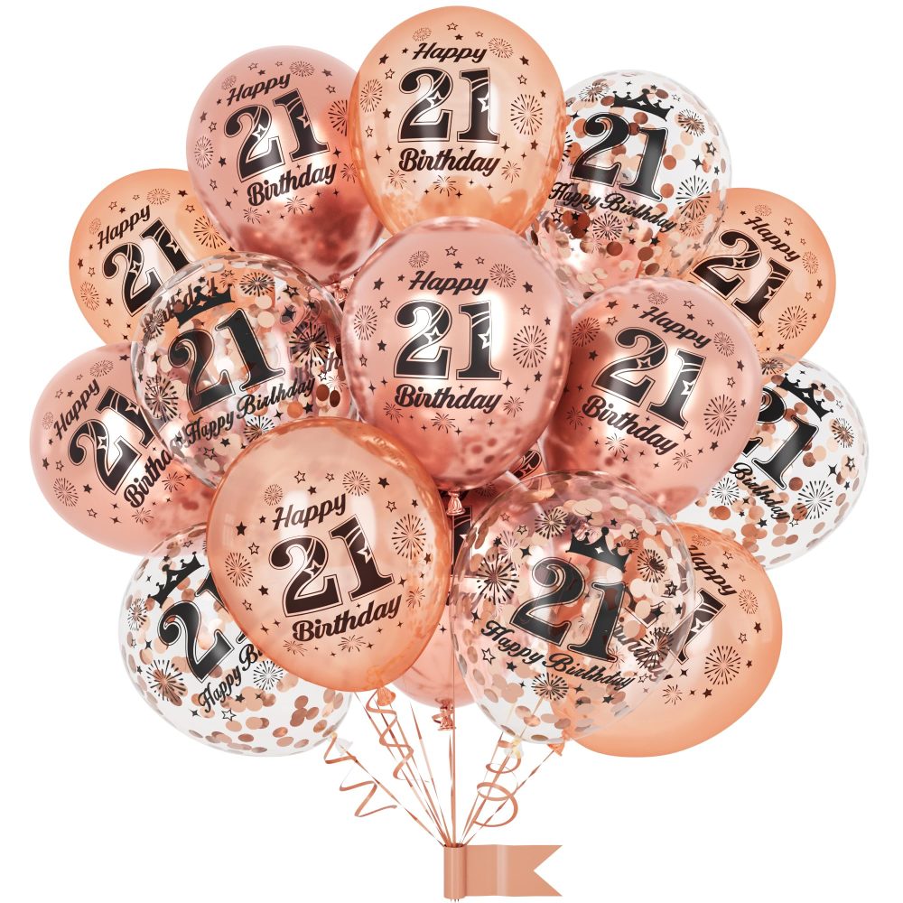 21th Birthday Balloons,15 Pcs Rose Gold Party Decorations with Happy Birthday Latex Confetti Balloons for Girls Women 21th Birthday Décor Anniversary Age Balloons