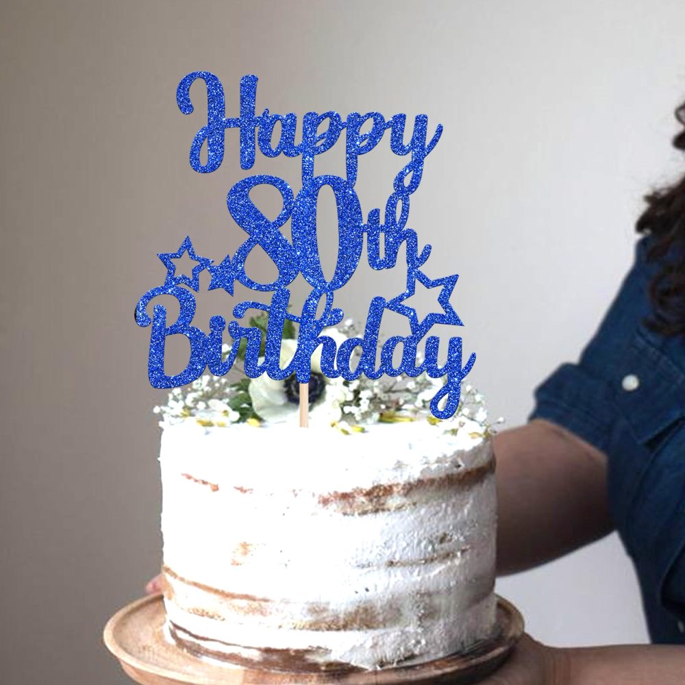 SYKYCTCY 1 Pack Happy 80th Birthday Cake Topper Glitter Little Star 80 Fabulous Cake Pick Birthday Sign Cake Decorations for 80th Birthday Theme Party Supplies Dark Blue - Image 2