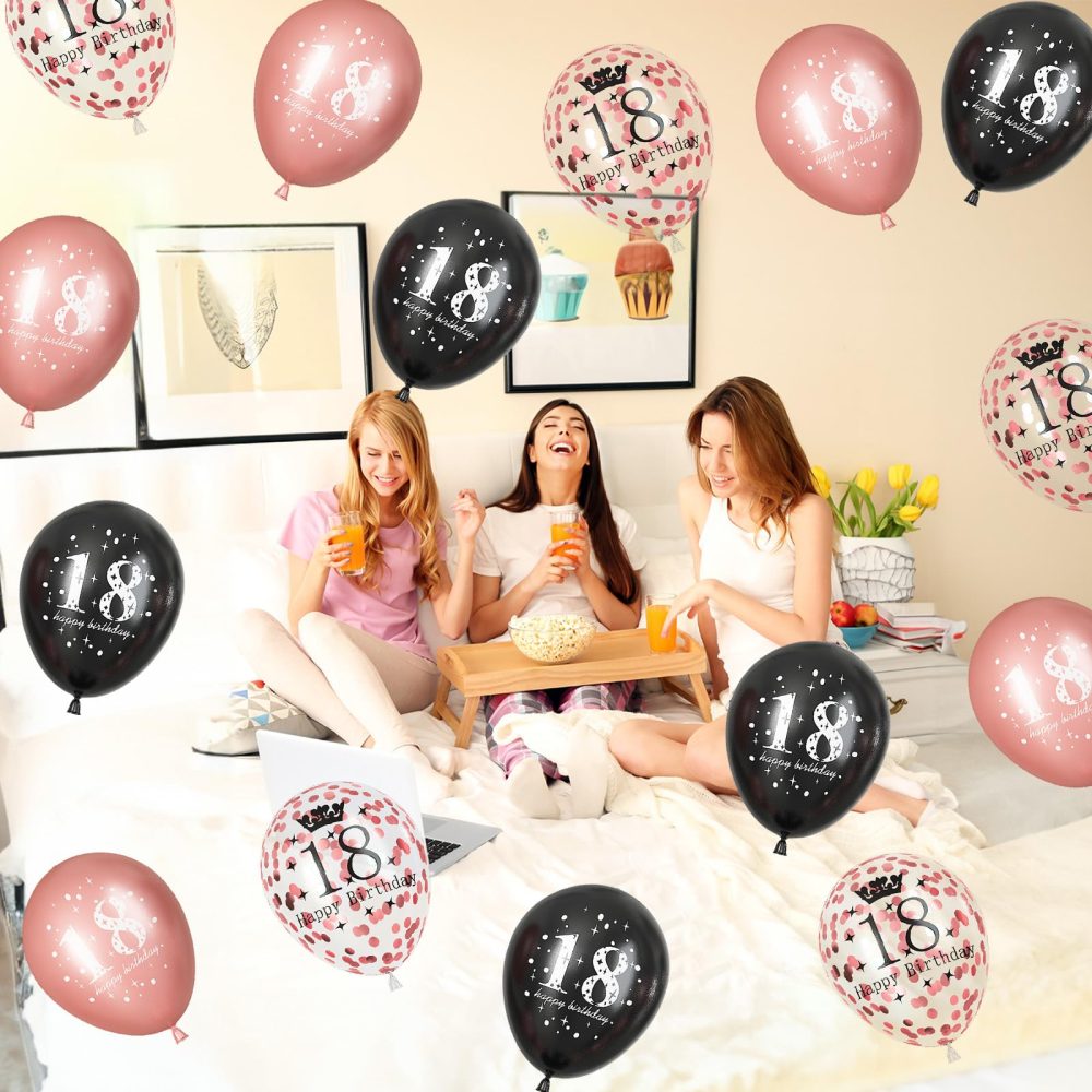 Rose Gold Black 18th Birthday Decorations for Girls, 15Pcs Happy 18th Birthday Helium Latex Balloons, Black Rose Gold Confetti 18th Balloons for Girls Age 18 Years Old Birthday Party Decor Supplies - Image 5